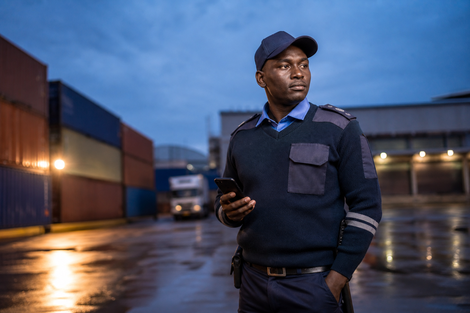 Kenyan guard on patrol at an industrial site using a smartphone